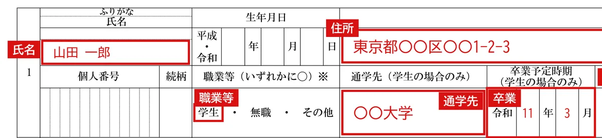 監護相当・生計費の負担についての確認書（様式6号の9）の記入例（同居の大学生）1ページ目（1人目の欄（左半分））